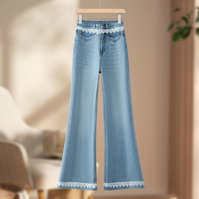 拉夏贝尔蕾丝拼接设计感牛仔裤女2025春季新款气质时尚修身马蹄裤