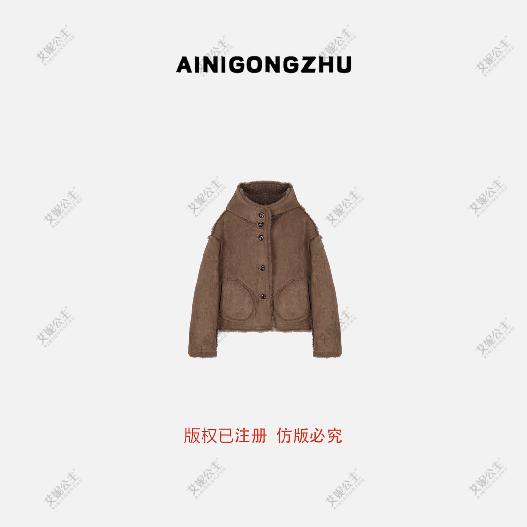 AINIGONGZHU/艾妮公主2025秋冬连帽反绒面羊毛皮草女装外套241015