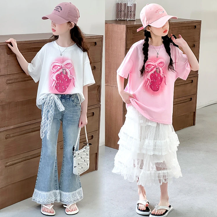 女童套装夏装2025新款儿童夏季休闲时髦中大童短袖蕾丝裙牛仔裤
