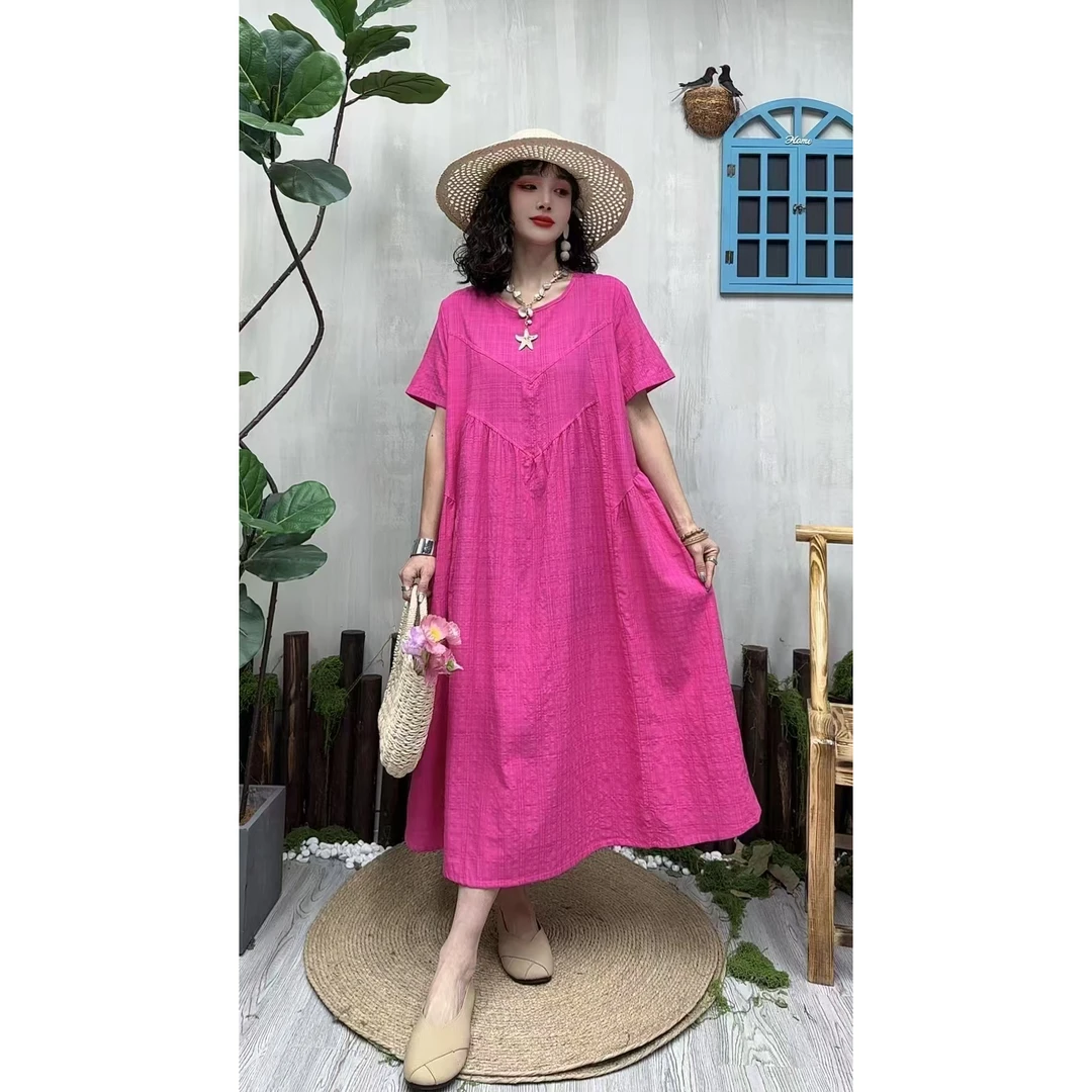 5015夏季新款清凉气质时尚复古遮肚宽松女显瘦百搭圆领休闲连衣裙