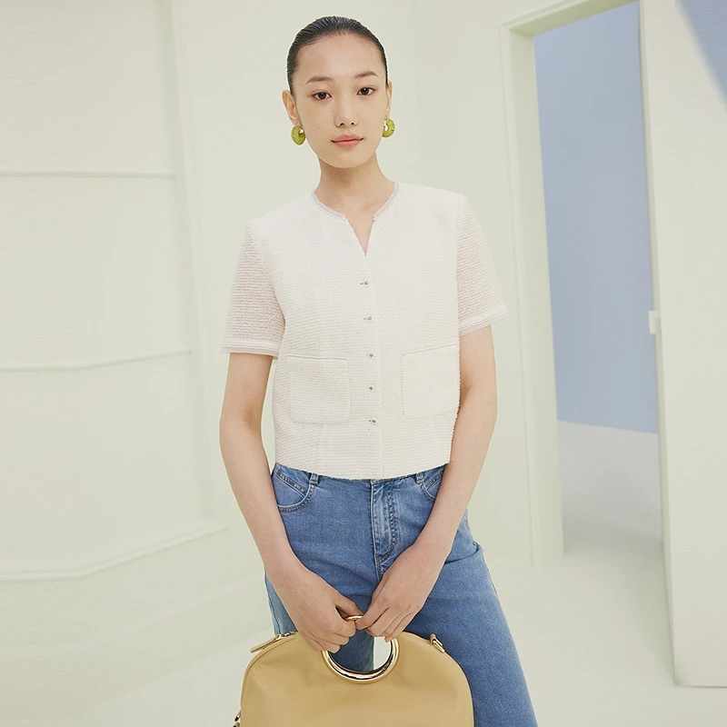 FS优雅时髦V领小香风直身宽松短袖外套女25夏新款1220A