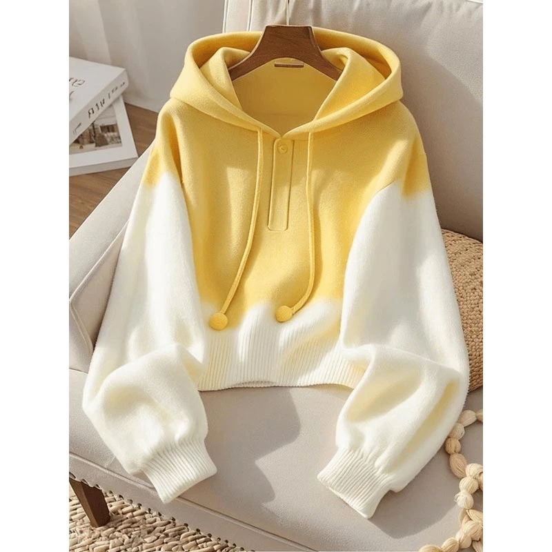 慵懒风宽松高级感连帽毛衣卫衣女2025春季新款洋气拼色针织衫上衣