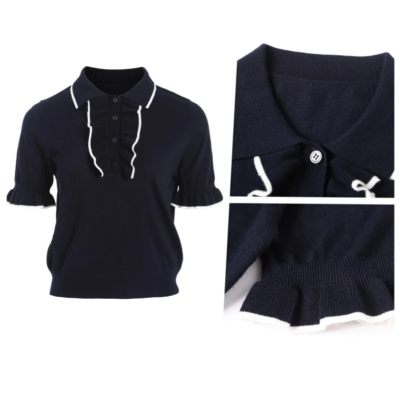 【李李推荐】 拼色荷叶边polo领 短袖T恤7400