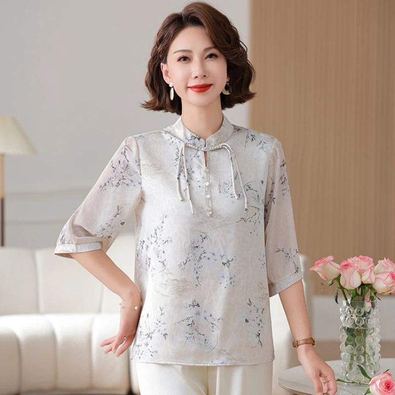 新款妈妈夏装新中式衬衫洋气中老年人女装国风七分袖恤上衣女装