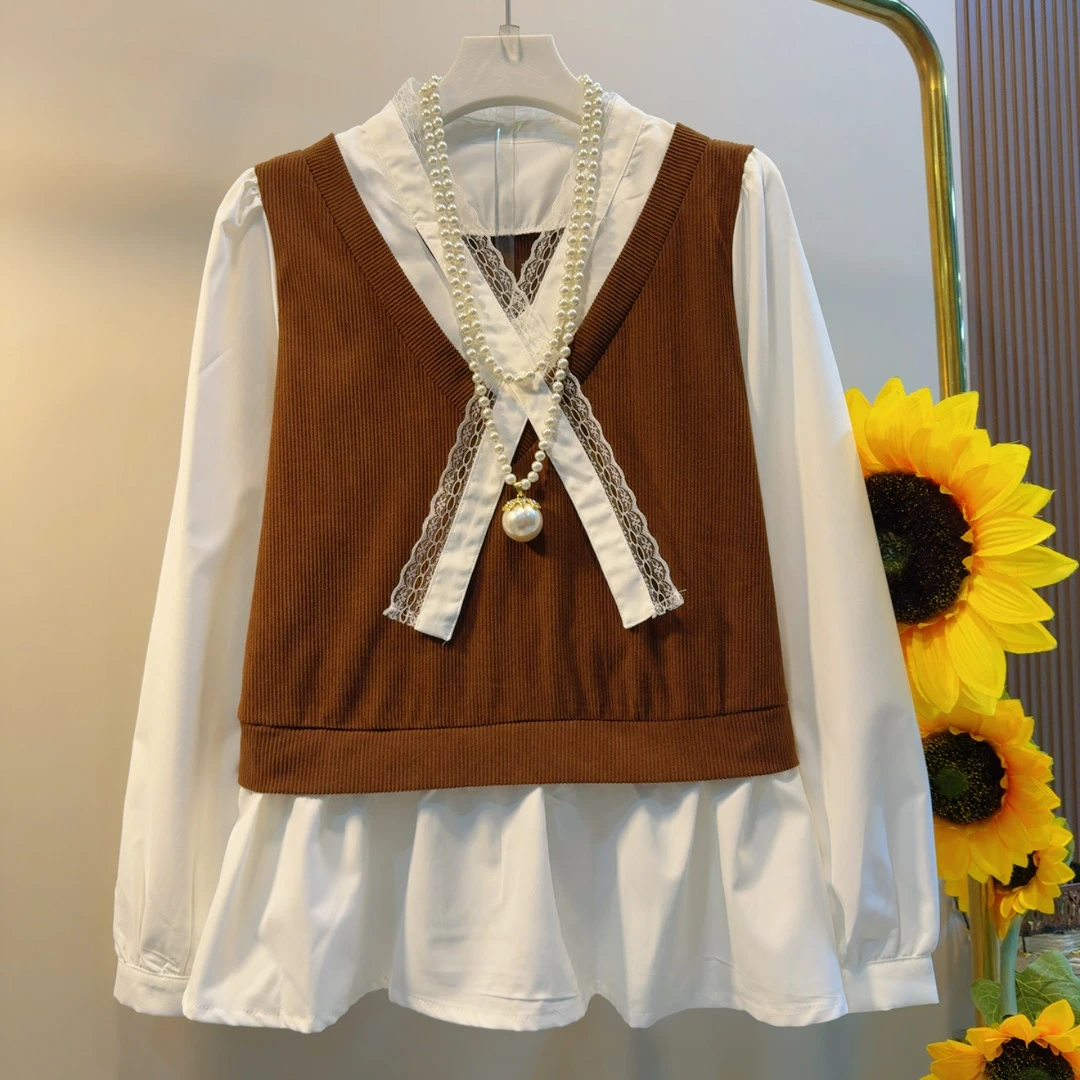 YD新款假两件蕾丝边拼接衬衫上衣