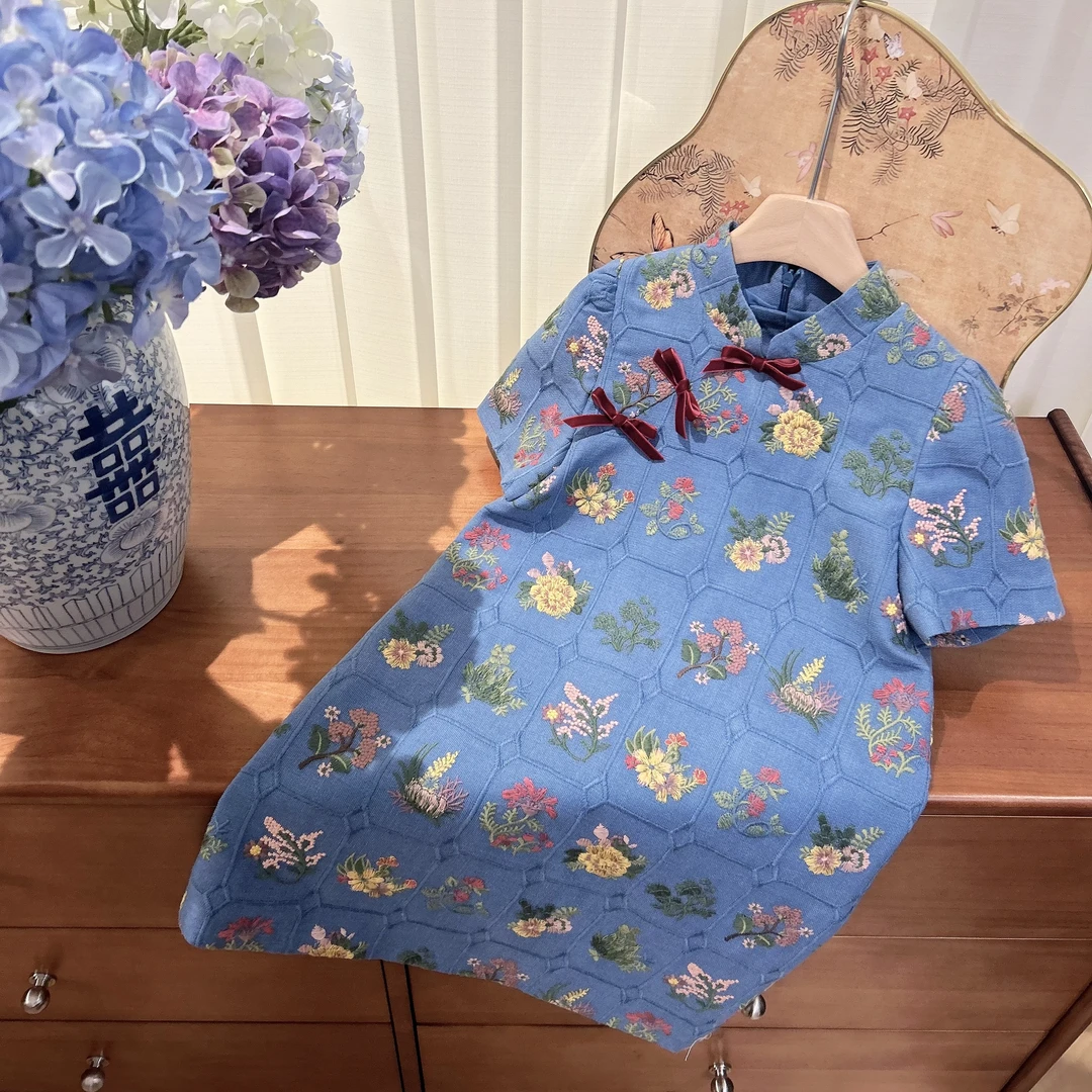 CCM春夏新款刺绣连衣裙中大童设计师洋气气质中国风汉服A字长裙