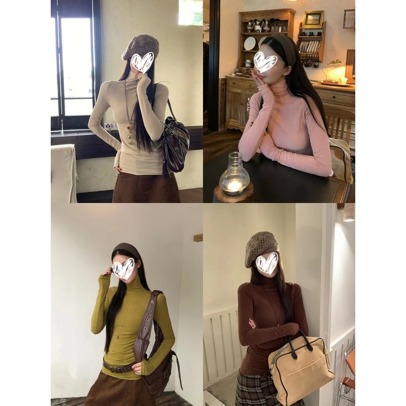 2025年秋季新款洋气时尚显瘦修身立领长袖T恤纯欲气质百搭女上衣