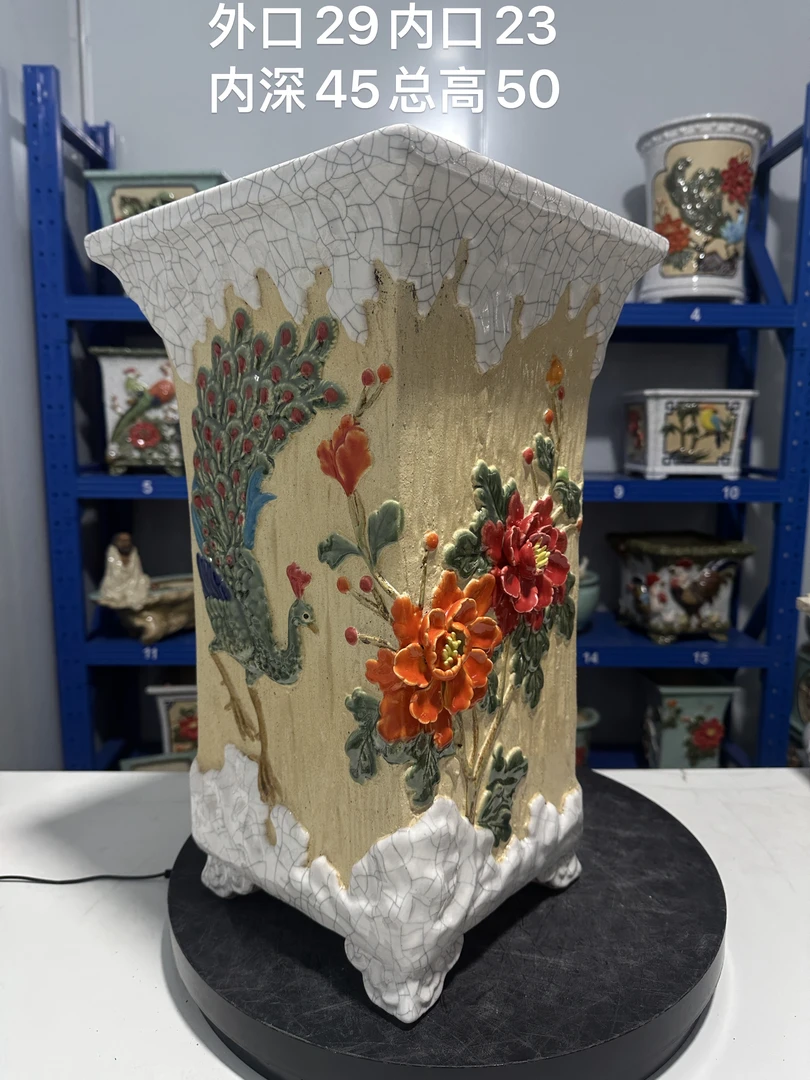 全手工高筒悬崖游龙盆贴花冰裂釉异形四方花盆