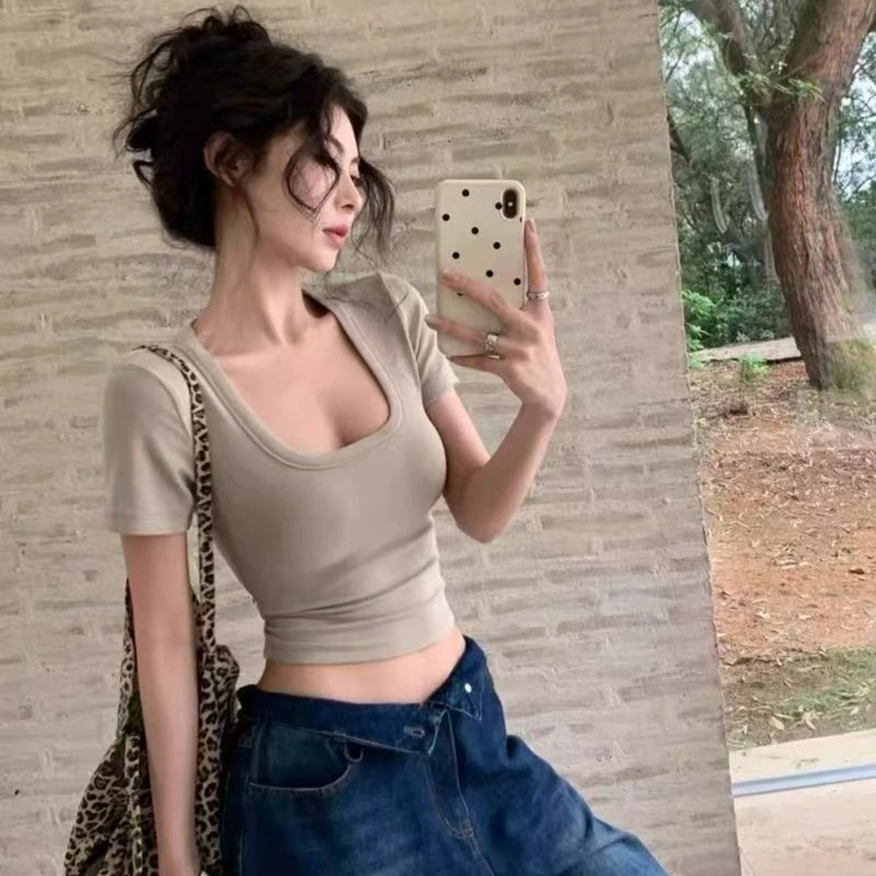 小个子u领正肩短袖T恤女夏辣妹风网红爆款修身高腰短款bm显瘦上衣
