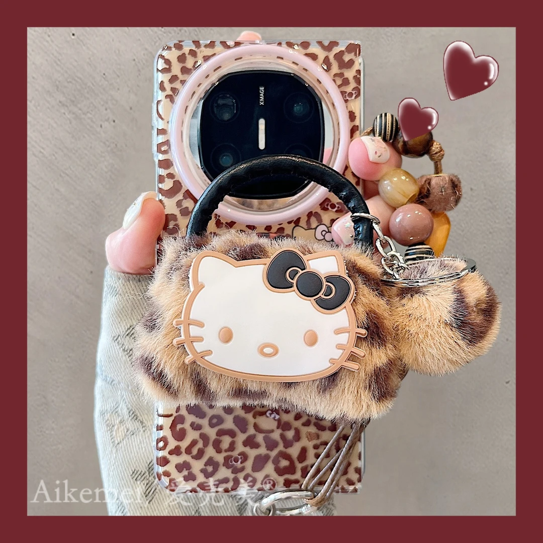 适用华为mateX6折叠屏手机壳matex5典藏版豹纹毛绒kt猫X3磁吸支架