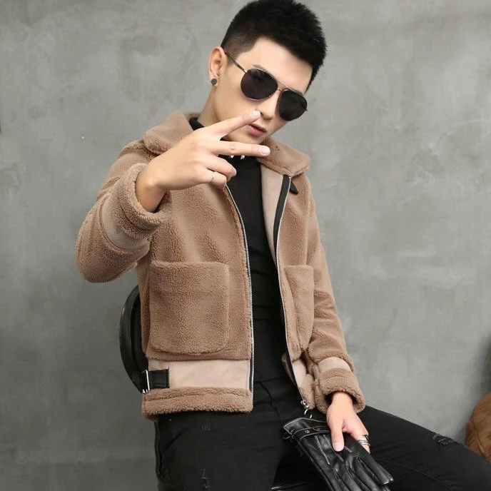 2025新款短款修身羊羔毛男夹克 厚款保暖短夹克卡其黑色潮流