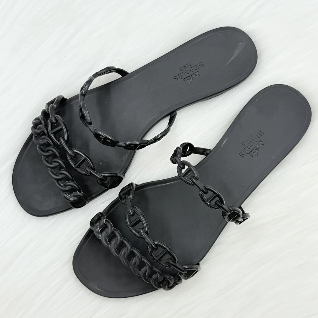 95新 Hermes/爱马仕 黑色一字带猪鼻口拖鞋 38码 公价5k j7073