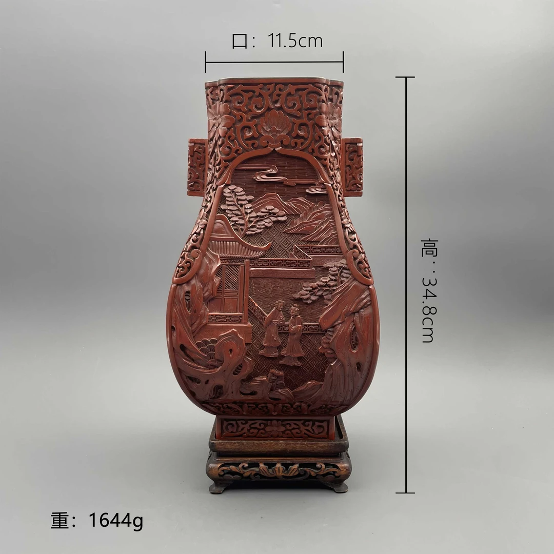 清晚期 剔红人山水庭阁人物故事纹贯耳瓶 17325 【古玩拍卖