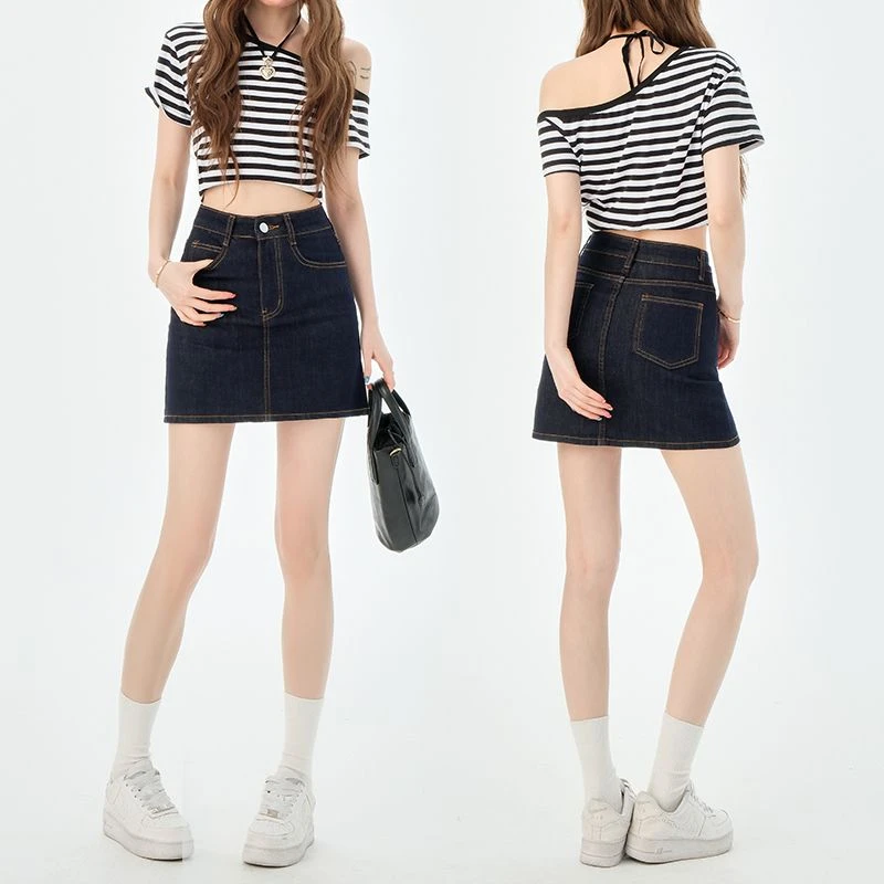 韩版中高腰牛仔夏季高腰百搭半身裙不规则短裙女防走光A字显瘦