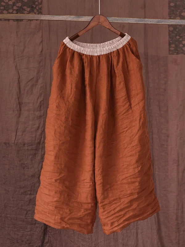 原创自制阔腿裤撞色松紧腰百搭亚麻休闲裤复古宽松简约长裤直筒裤