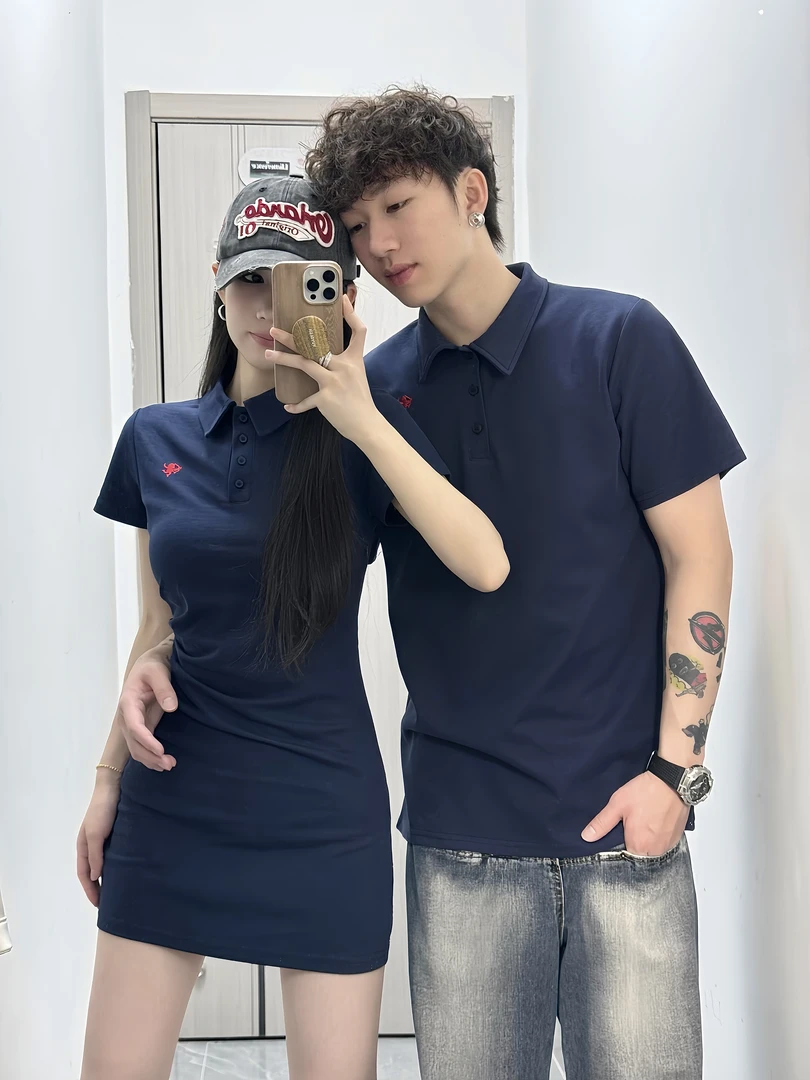 情侣装夏季小众设计感刺绣收腰褶皱包臂女连衣裙男POLO衫T恤潮