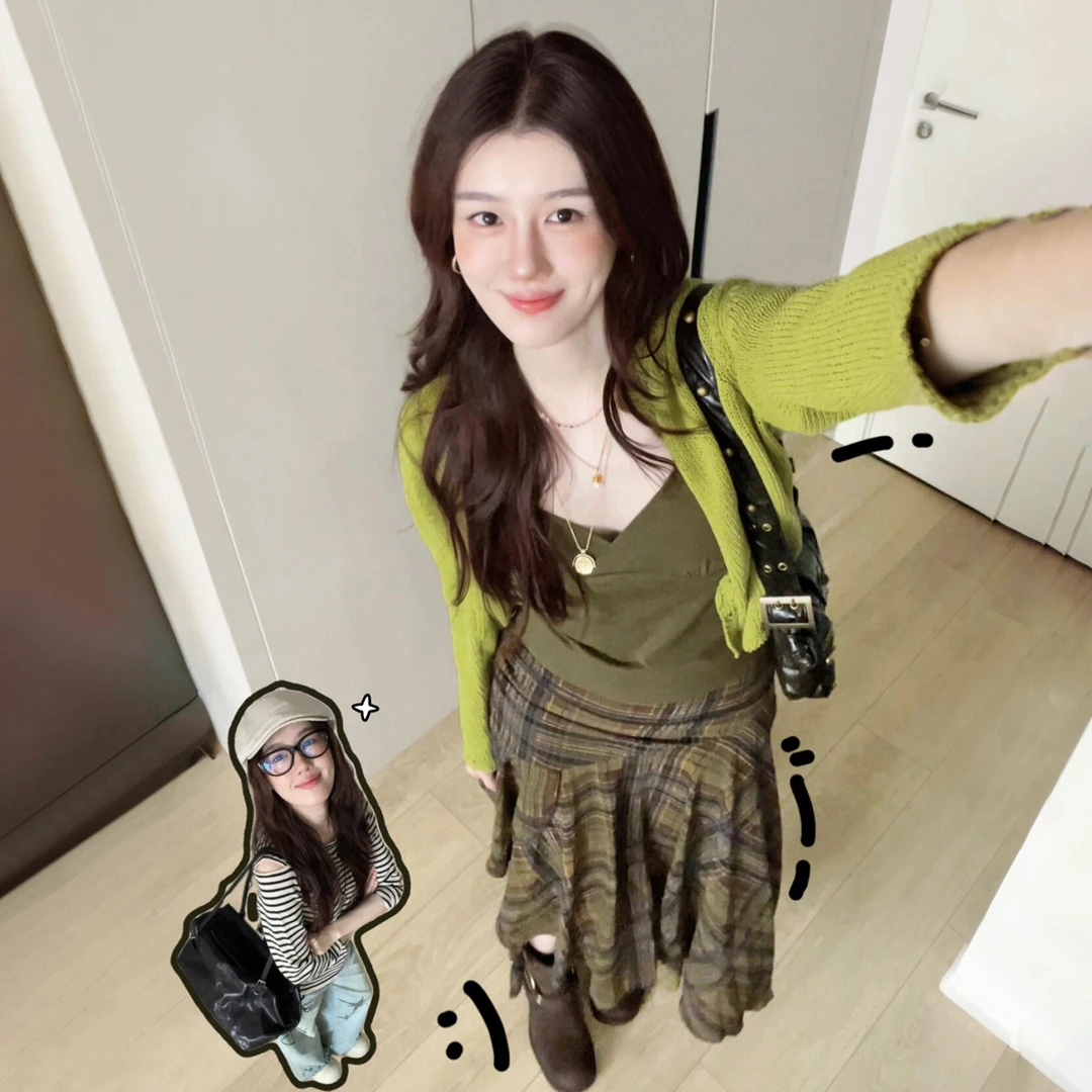 韩系慵懒绿色吊带连衣裙子女2025新款小众炸街早秋一整套ootd穿搭