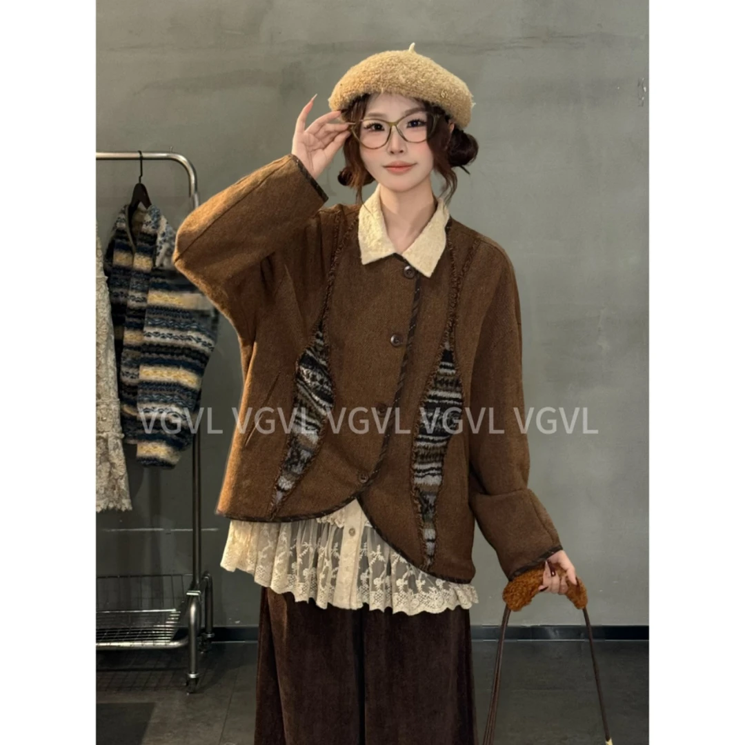 VGVL单排扣女圆领短外套秋冬撞色复古宽松百搭设计感外套