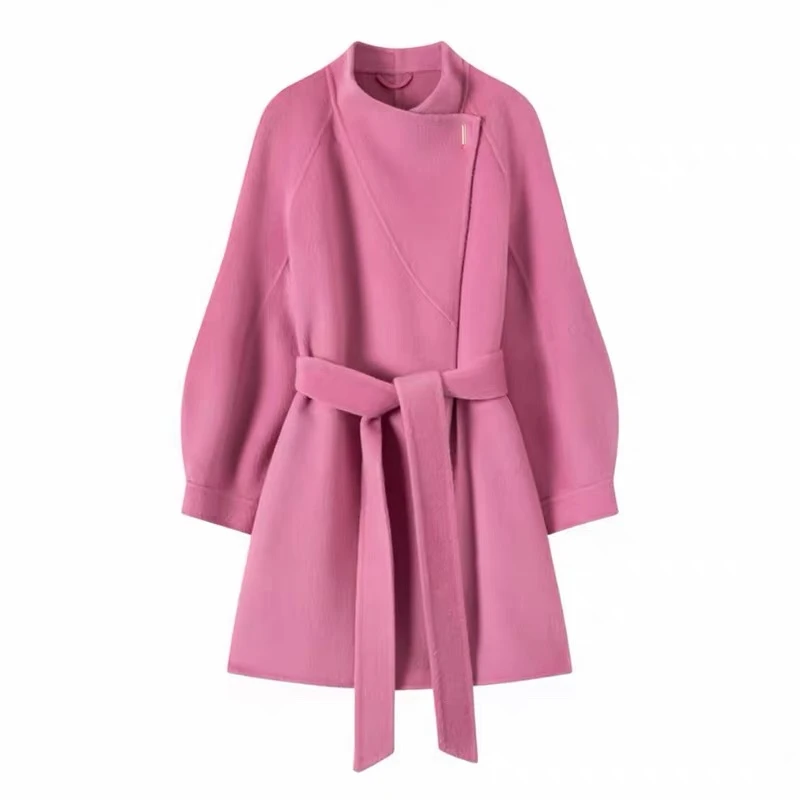 2025秋冬纯色100%绵羊毛中长款立领大衣时尚休闲高级老钱风外套女