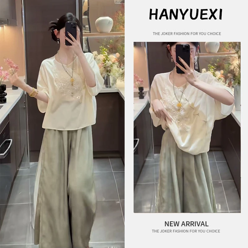 今年流行穿搭一整套2025新款新中式国风改良刺绣上衣阔腿裤两件套
