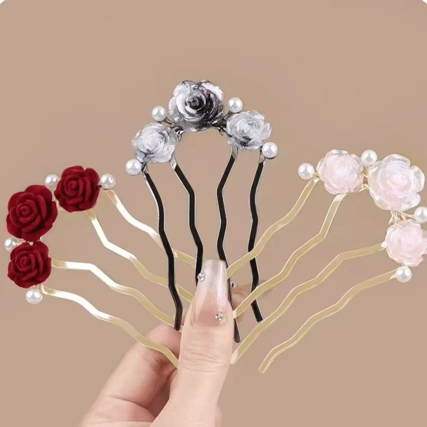 复古新中式国风玫瑰花四齿盘发插梳气质优雅丸子头发簪百搭发饰