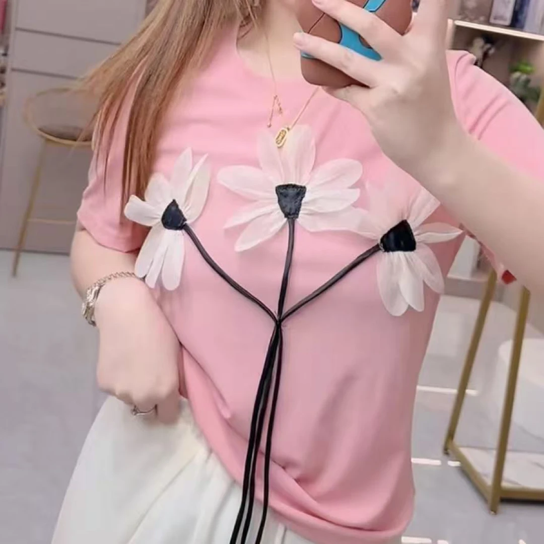 519三朵花圆领正肩短袖