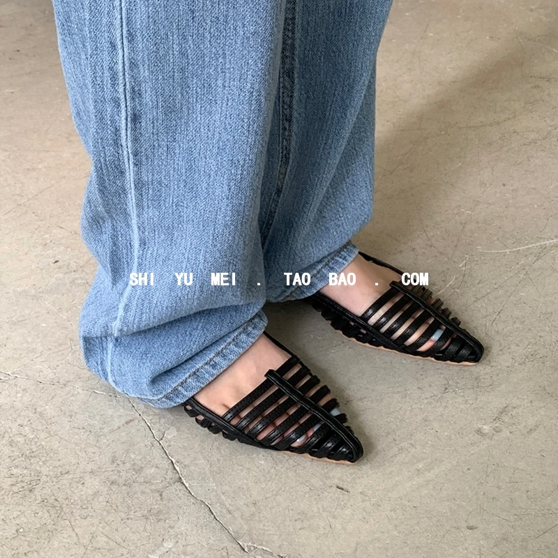 【澳门专柜正品】饰与美韩国东大门夏季新款尖头包头编织镂空低跟后