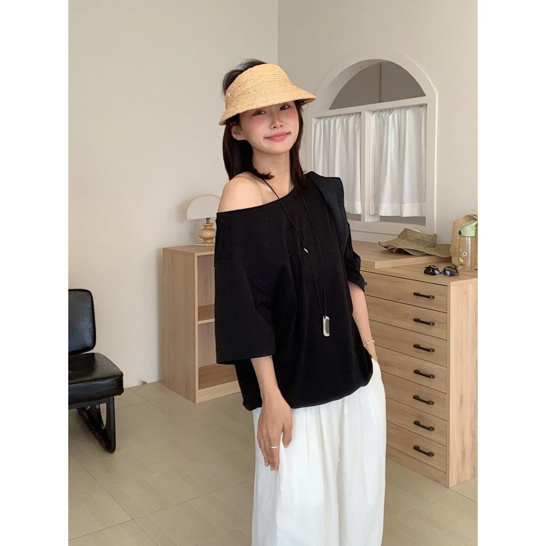 JOJO 氛围感穿搭 慵懒露肩T恤女夏季斜肩一字肩设计感短袖上衣