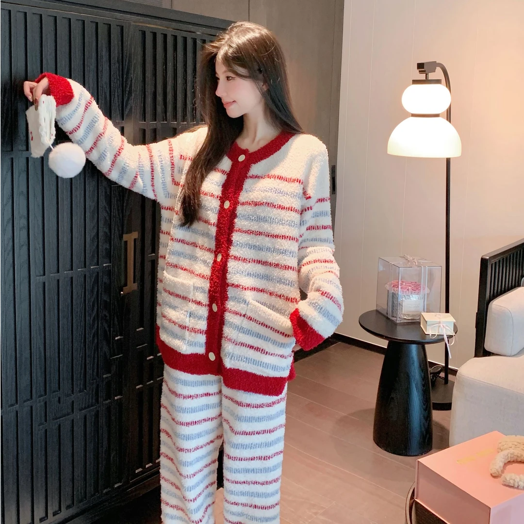 秋冬季半边绒睡衣女复古条纹红色本命年衫软绵绵加绒加厚家居服开