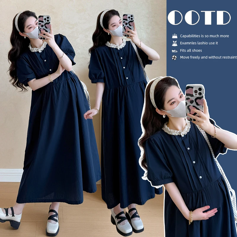 【嗒嗒】2025新款夏天气质孕妇装独特漂亮拼接圆领中长款连衣裙大码