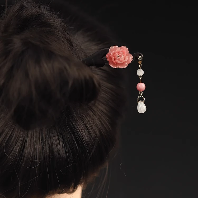 【胭脂】新中式木质盘发簪子国风汉服高级感粉色花超仙头饰发钗a198