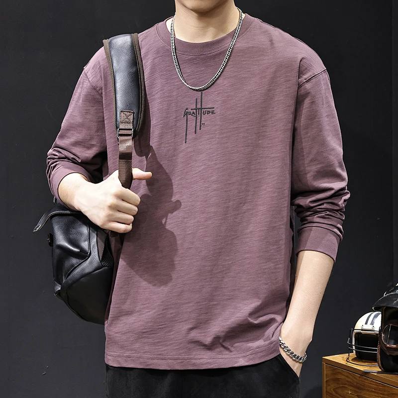 MR.MUDI/穆迪先生美式复古新款长袖t恤男士春秋款竹节圆领打底衫