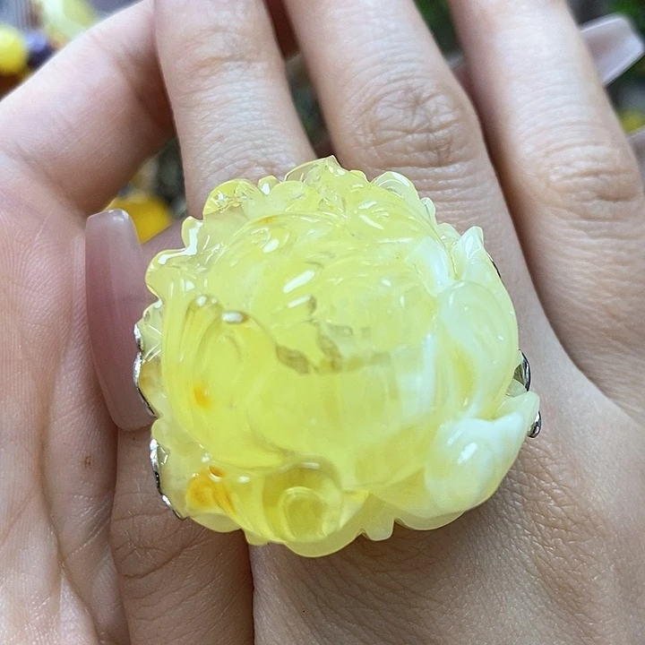 琥珀戒指银S925镶嵌戒指