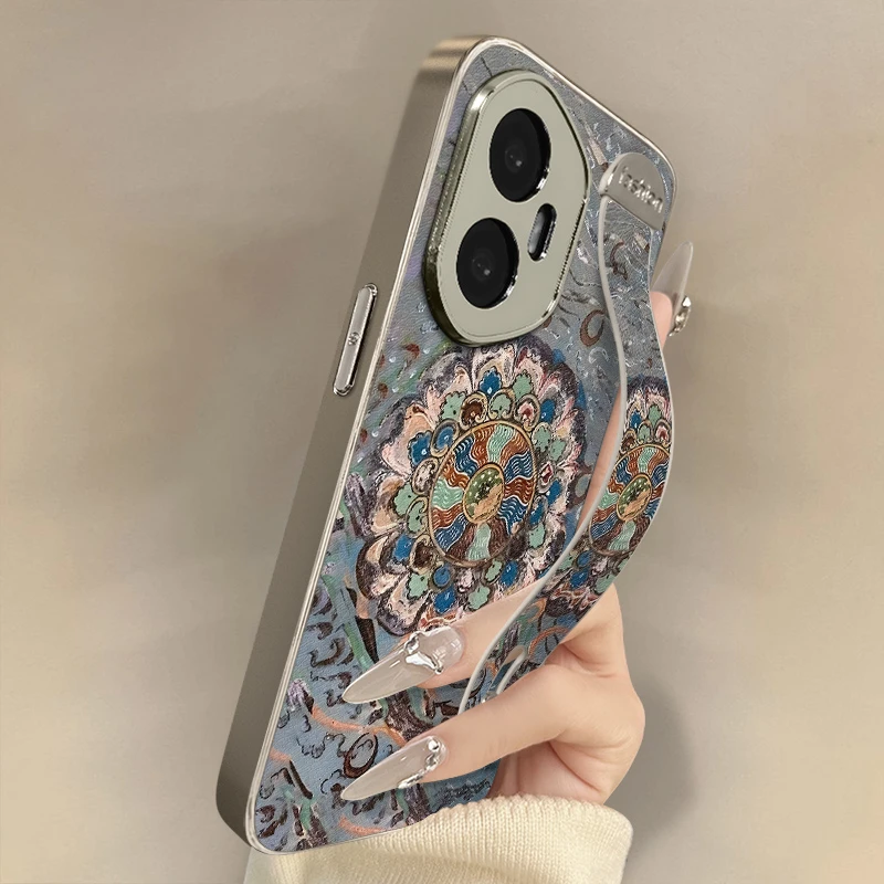 敦煌莲花适用于荣耀400pro手机壳小众女款全包带腕带小羊皮高级感