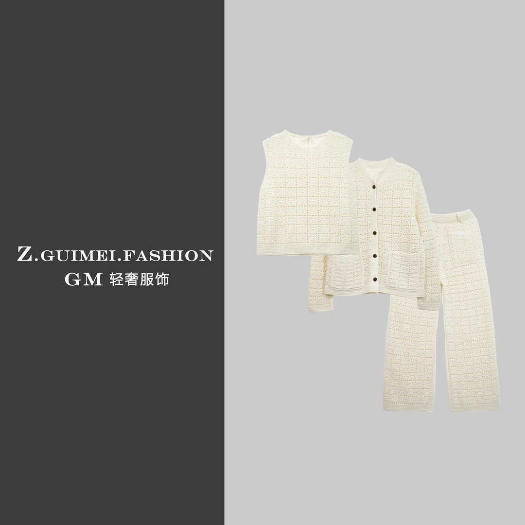 【肆姐高定】圆领手工钩花背心三件套装XY3167