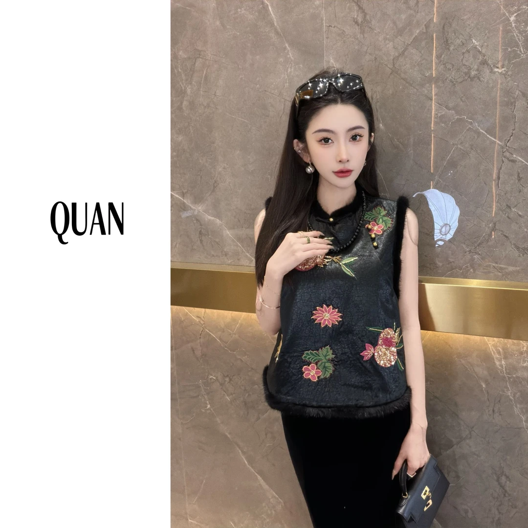 【吉祥如意】新中式水貂毛刺绣百搭秋冬国风夹棉马甲