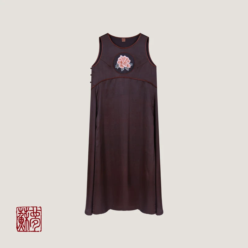 蘇夢【灼灼其华】香云纱紫檀手绣圆领吊带内搭裙无袖连衣裙0101289