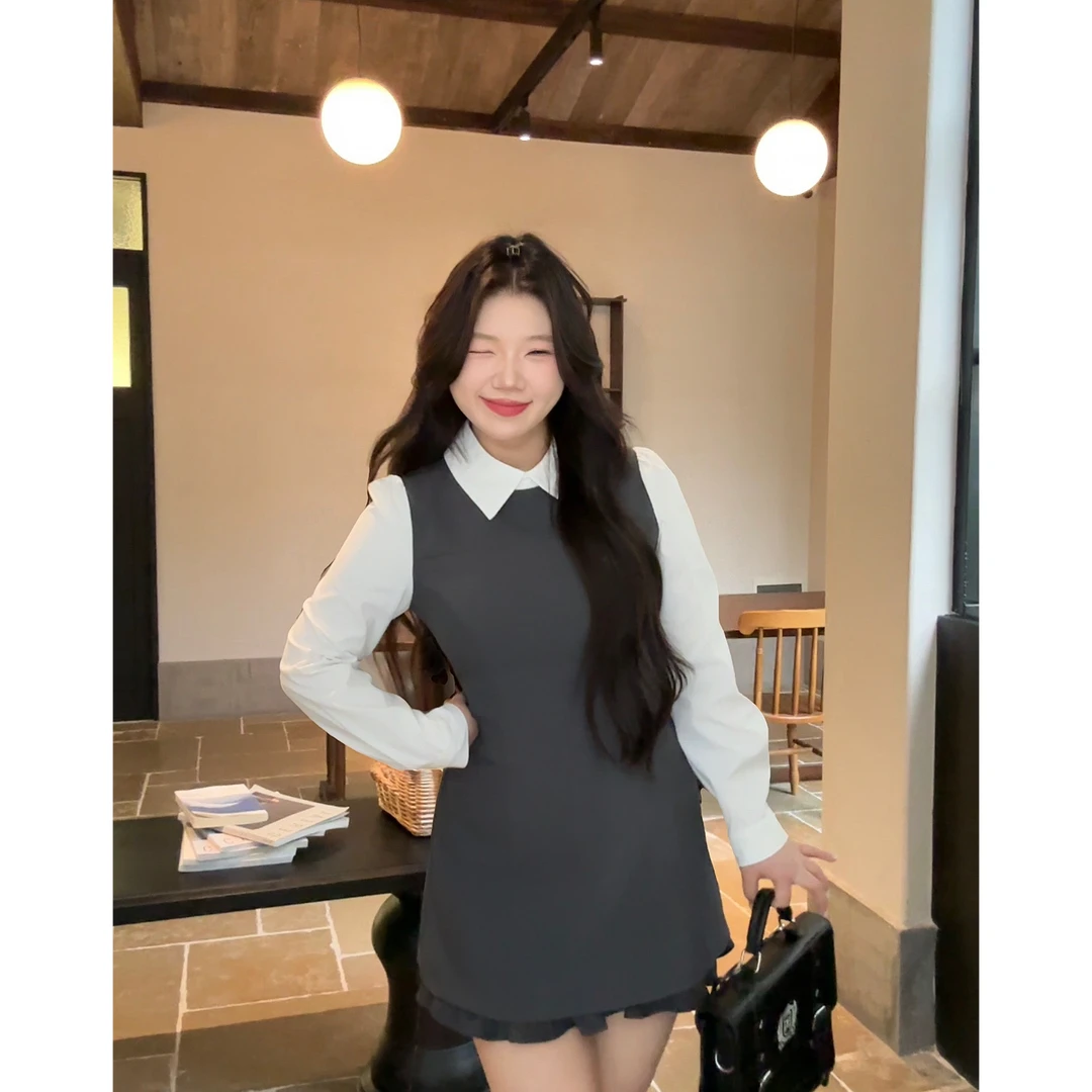 【南法少女】大头婷丫丫微胖定制秋季灰色假两件撞色收腰显瘦连衣裙