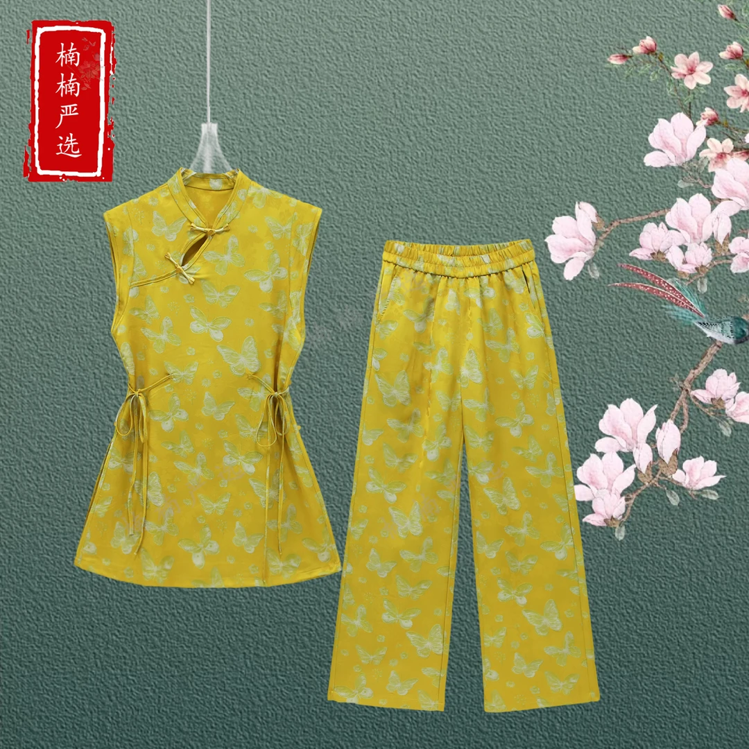 国潮风提花无袖马甲阔腿裤新中式时尚套装----7777-1