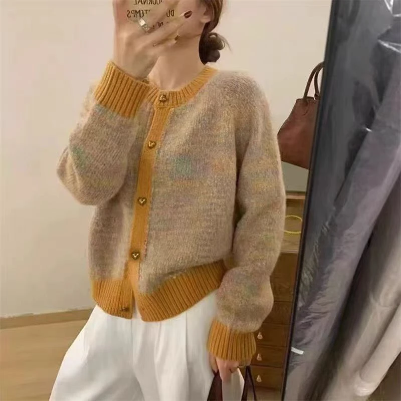 【幻彩-黄】韩系撞色圆领小香风开衫毛衣秋冬外搭加厚保暖针织上衣