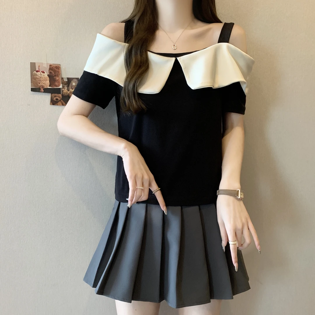 夏季微胖MM大码法式一字肩短袖T恤女露肩设计感显瘦气质短款上衣
