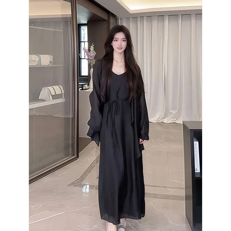 纯欲辣妹V领吊带连衣裙女2025夏季新款宽松显瘦防晒长袖开衫套装