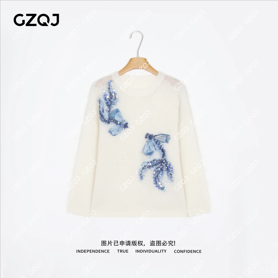 老琴私服【双鱼座】琥珀流光风设计感钉珠蝴蝶圆领毛衣女秋季15053