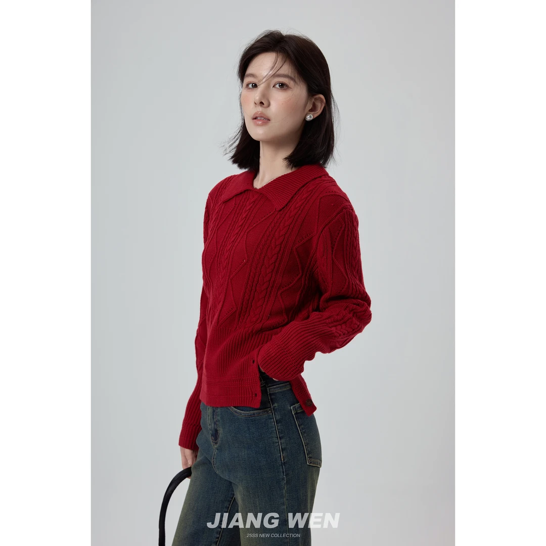 UKILAU【酒渍玫瑰】法式翻领麻花小众下摆收腰显瘦长袖针织衫