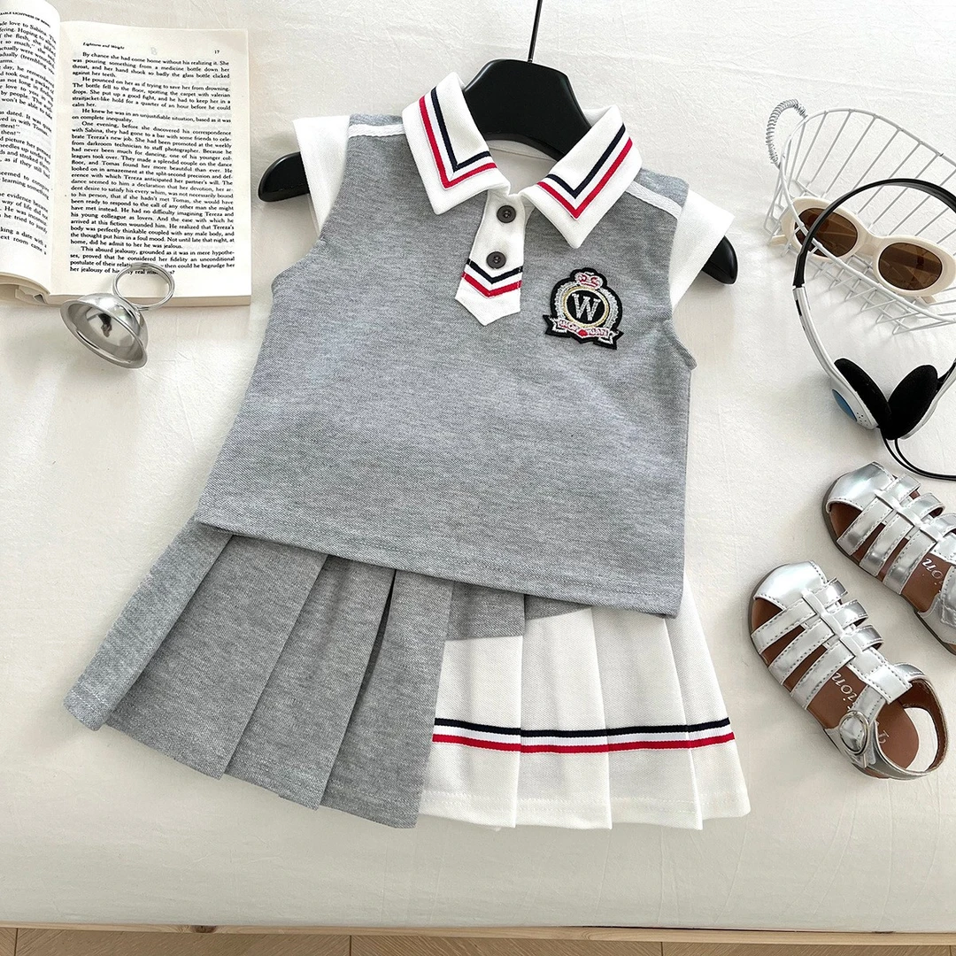 女童学院风套装夏季新款女宝洋气蝴蝶结衫百褶裙两件套潮夏装