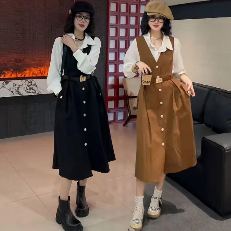 秋季大码女装洋气减龄时尚气质法式连衣裙长袖衬衫长裙套装两件套