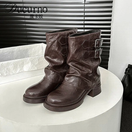 DUCURNO复古马丁靴厚底粗跟裤管靴女圆头套筒堆堆靴时尚高跟短靴