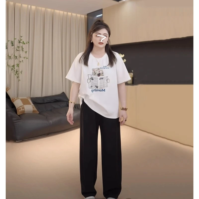 胖佳佳大码女装圆领正肩印花短袖T恤女夏季mm百搭遮肉巨显瘦上衣