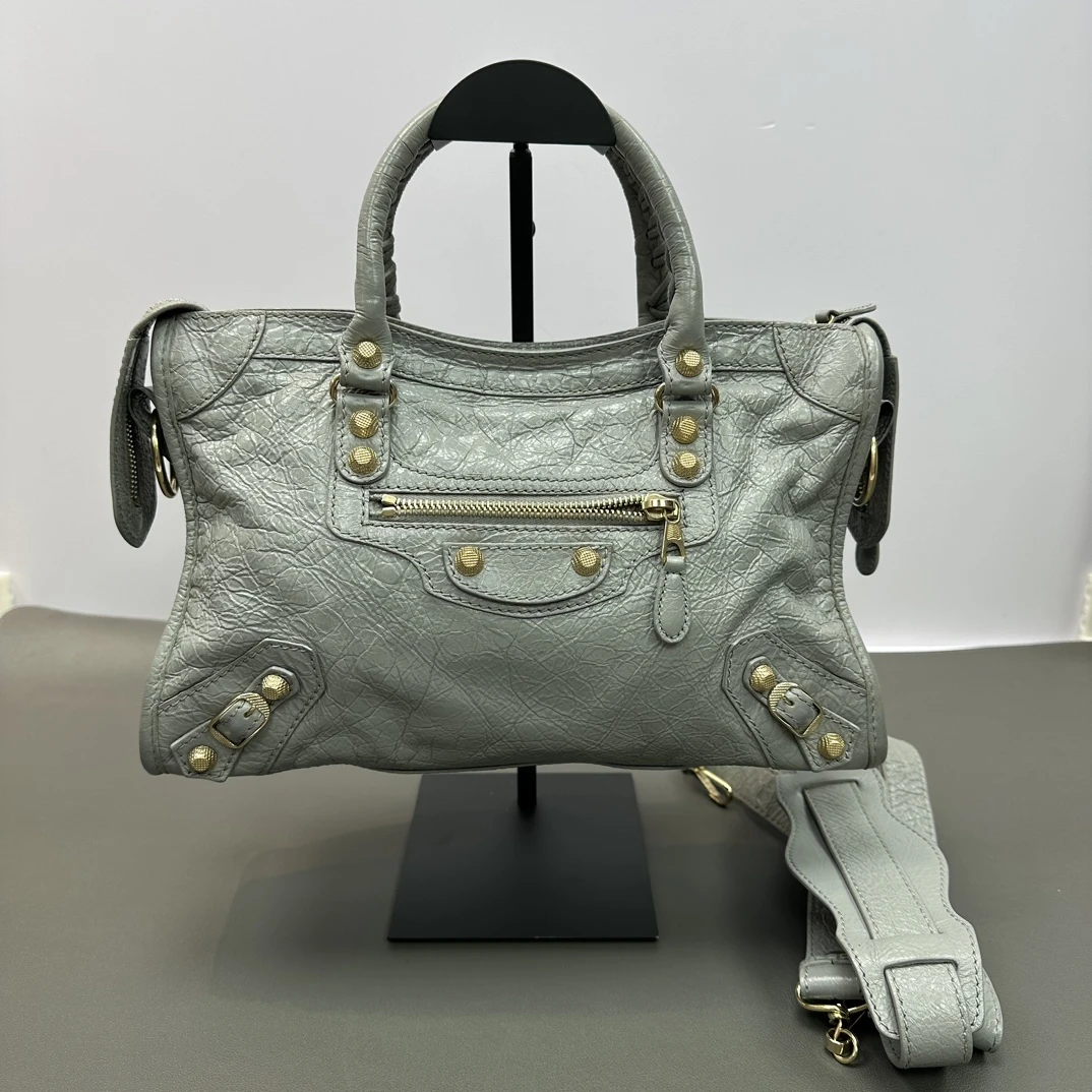 95新 Balenciaga/巴黎世家 灰色金扣小号机车手提单肩包 04051