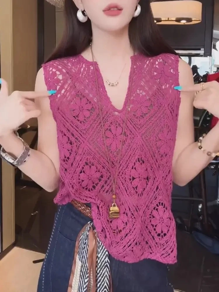 玫紫色钩花镂空针织马甲女夏季新款薄款罩衫宽松v领高级感上衣ins